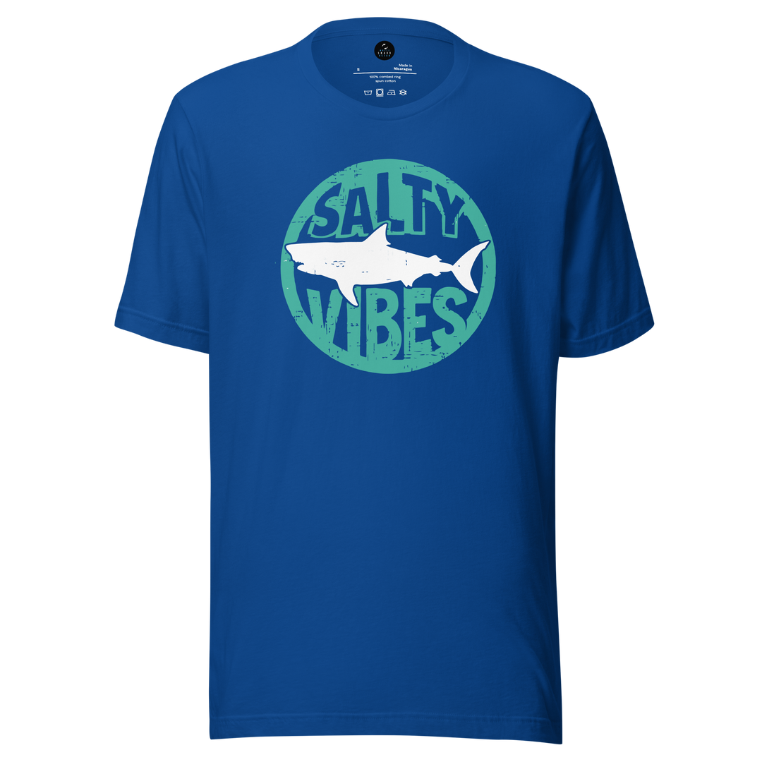 Blue t-shirt with a shark graphic and 'Salty Vibes' text on a white background