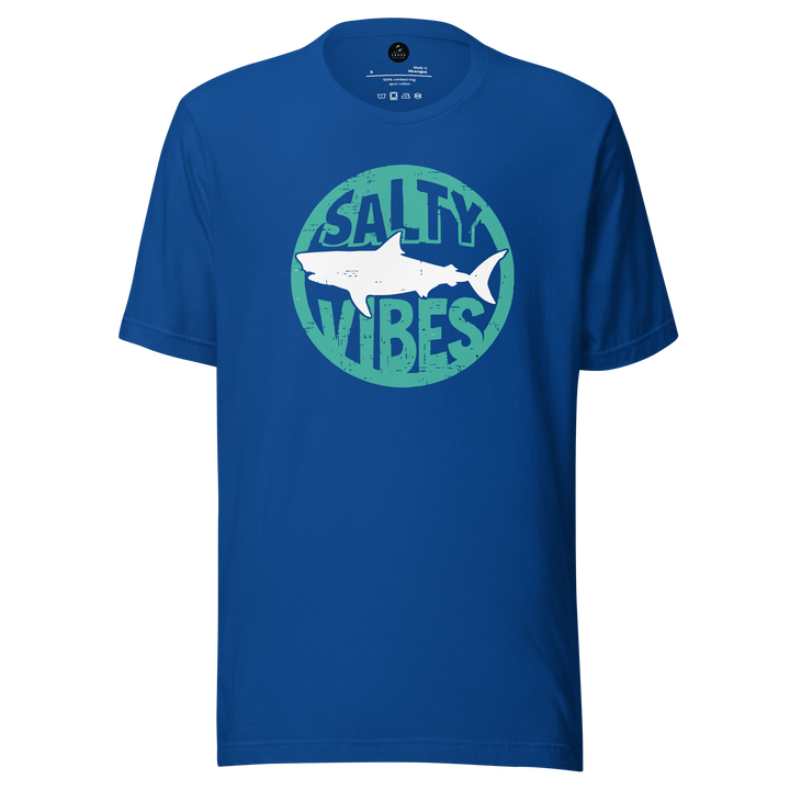 Blue t-shirt with a shark graphic and 'Salty Vibes' text on a white background