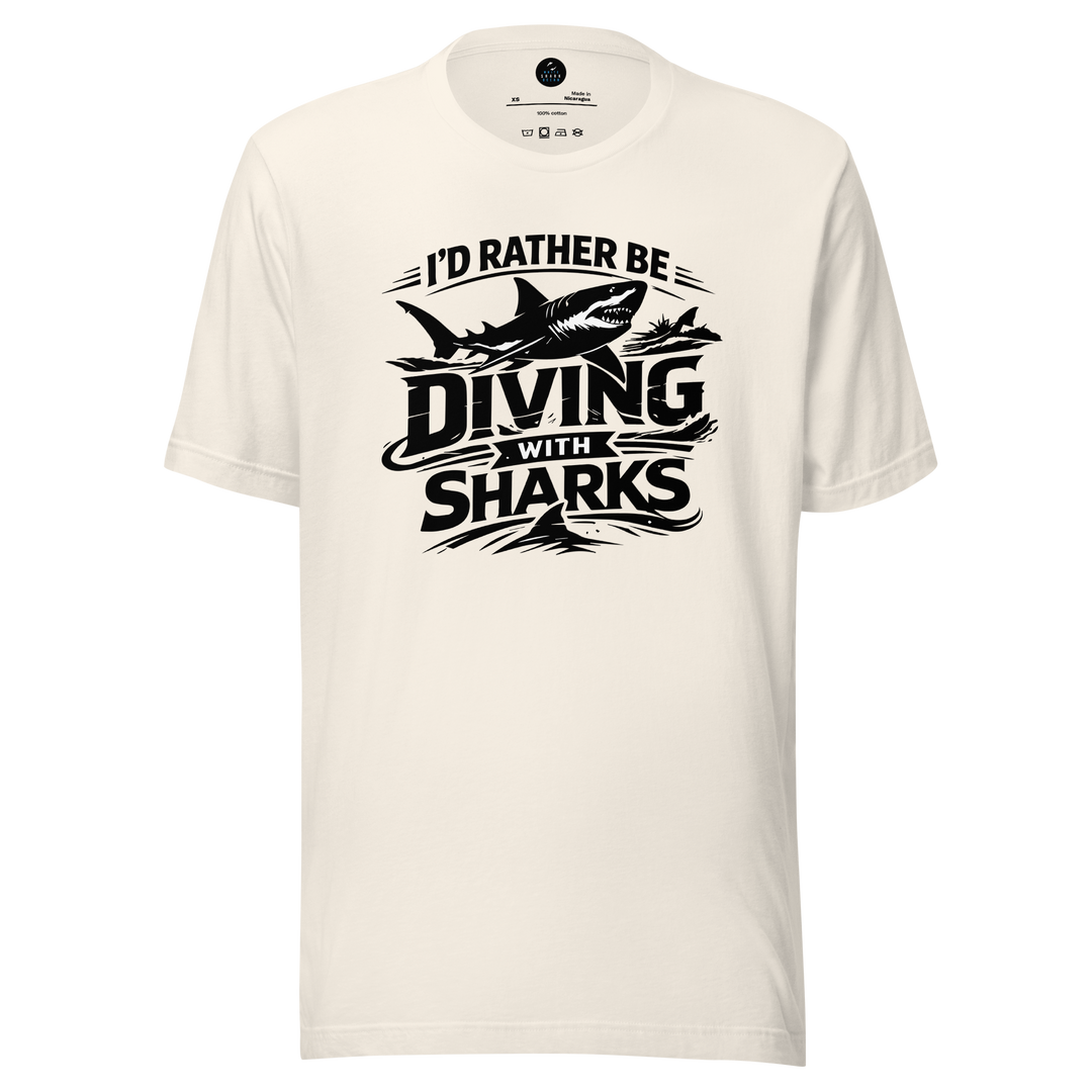 White t-shirt with 'I'd Rather Be Diving With Sharks' text and shark graphic on a white background