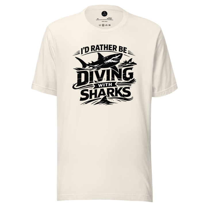 White t-shirt with 'I'd Rather Be Diving With Sharks' text and shark graphic on a white background