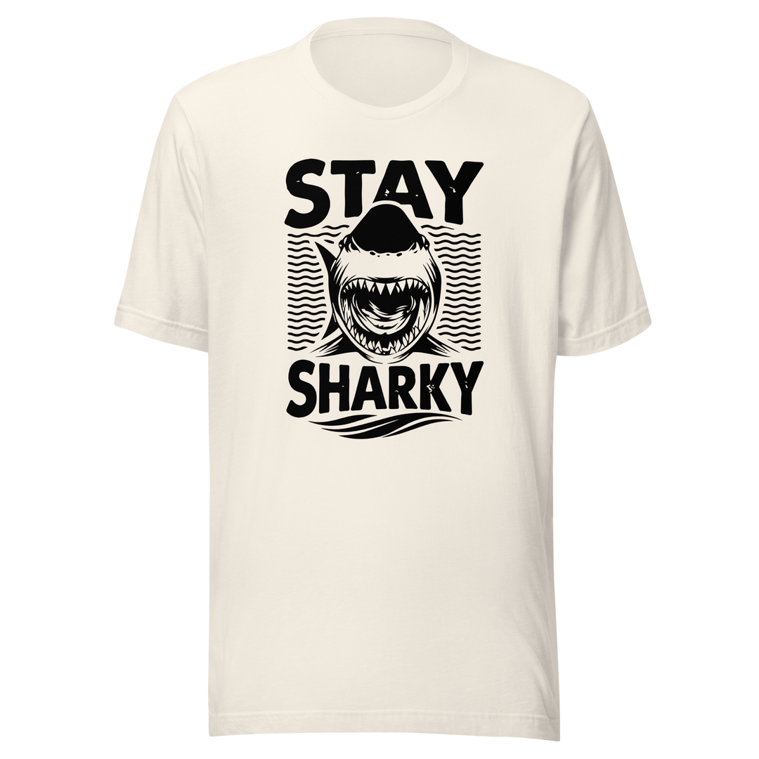 white t-shirt with black shark graphic and text 'Stay Sharky' on a white background