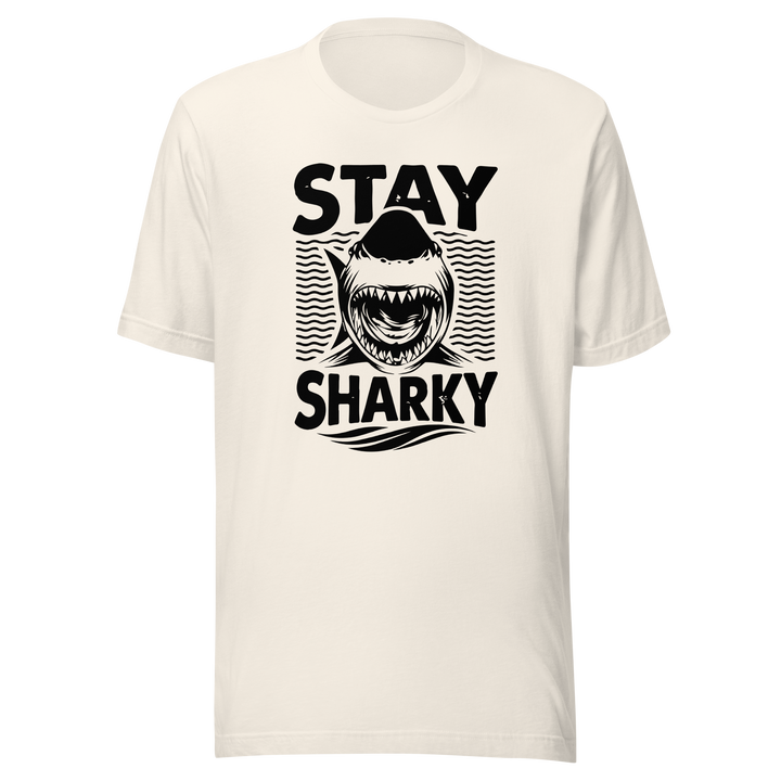 white t-shirt with black shark graphic and text 'Stay Sharky' on a white background