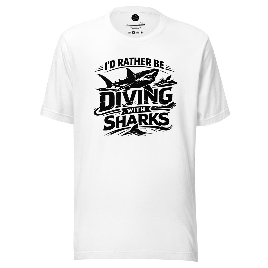 White t-shirt with 'I'd Rather Be Diving With Sharks' text and shark graphic on a white background