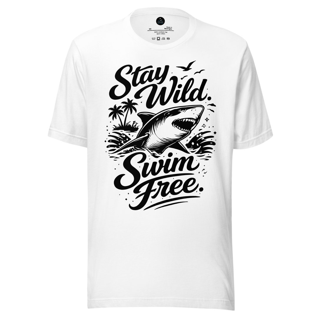 White t-shirt with black shark graphic and text 'Stay Wild Swim Free' on a white background