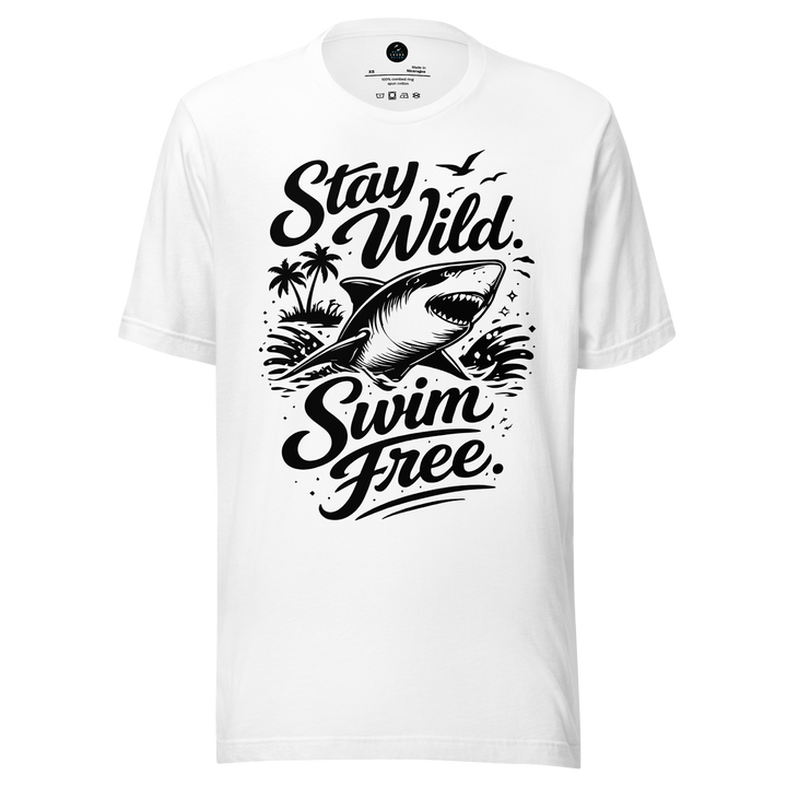 White t-shirt with black shark graphic and text 'Stay Wild Swim Free' on a white background