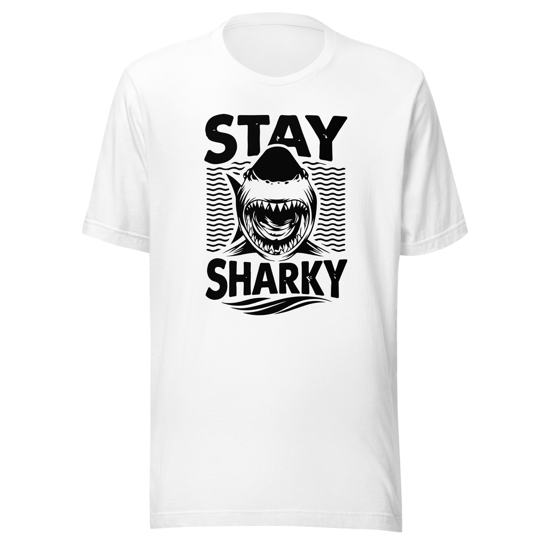 white t-shirt with black shark graphic and text 'Stay Sharky' on a white background