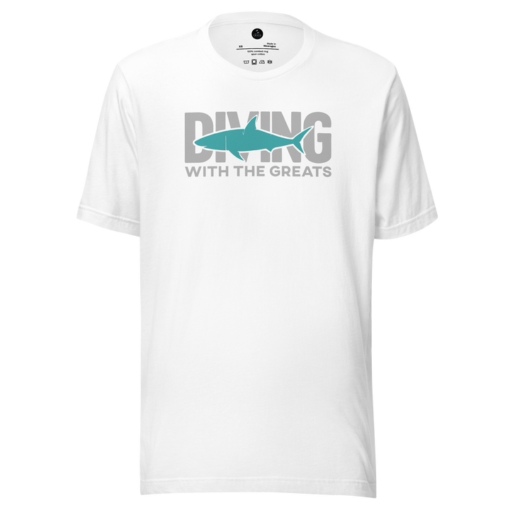 white diving with the great white shark ocean logo tshirt