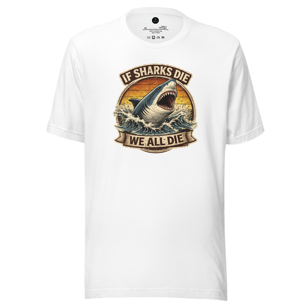 White t-shirt with a shark graphic and "if sharks die we all die" text on a white background