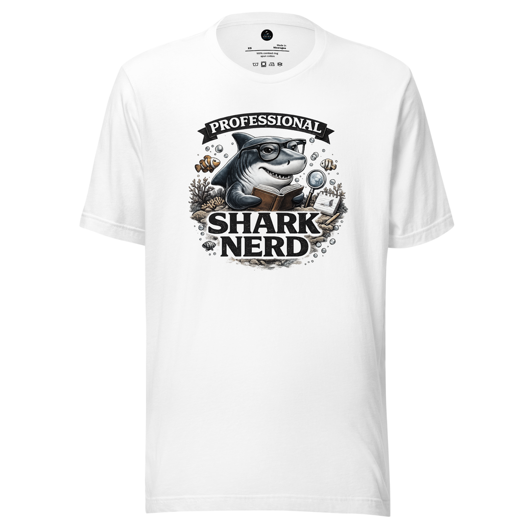 White t-shirt with a graphic of a shark wearing glasses and the text 'Professional Shark Nerd' on a white background.