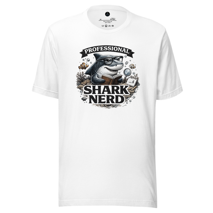 White t-shirt with a graphic of a shark wearing glasses and the text 'Professional Shark Nerd' on a white background.