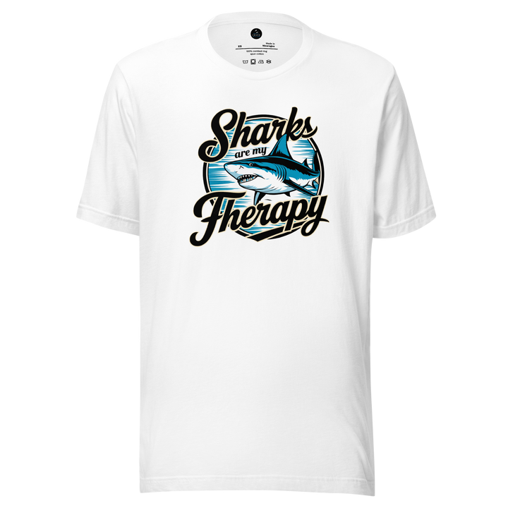 White t-shirt with 'Sharks are my Therapy' graphic design on a white background