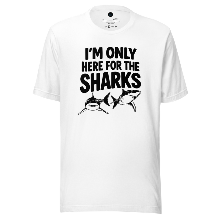 White t-shirt with 'I'm only here for the sharks' text and shark graphics on a white background