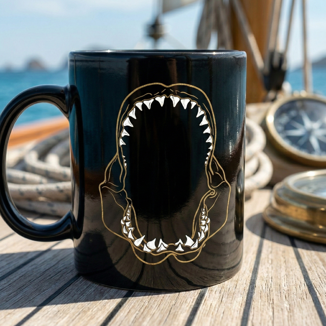 Black mug with a shark mouth design on a wooden surface with nautical background