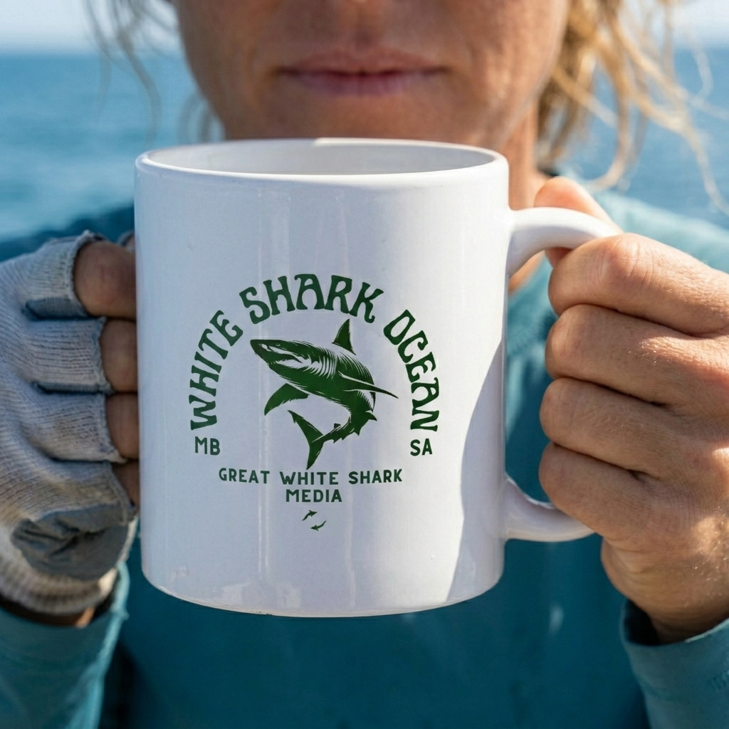 Person holding a white shark ocean mug with green text and shark graphic against a blurred natural background