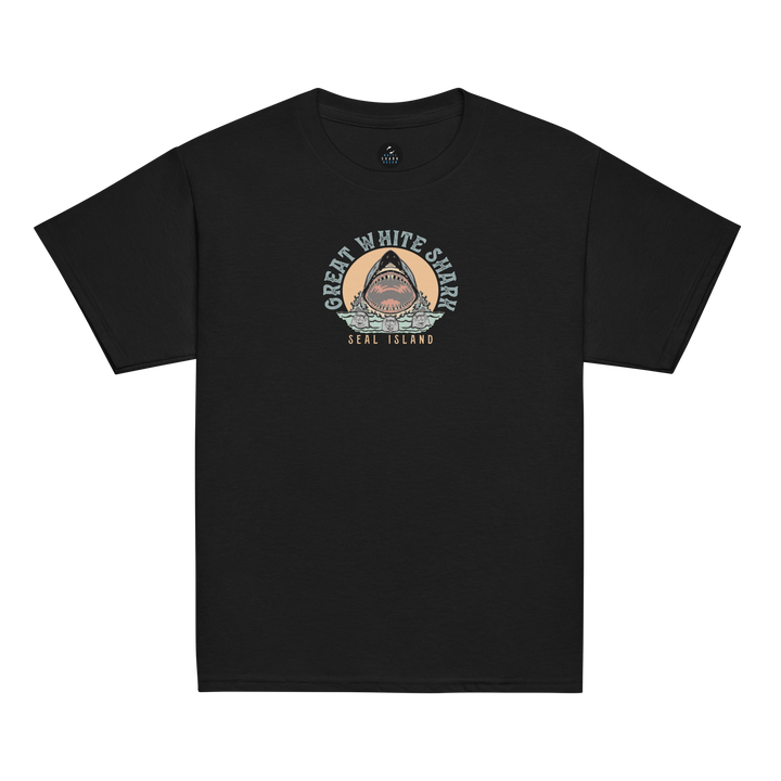 Kids T-Shirt: Great White Shark Seal Island Monoline Design