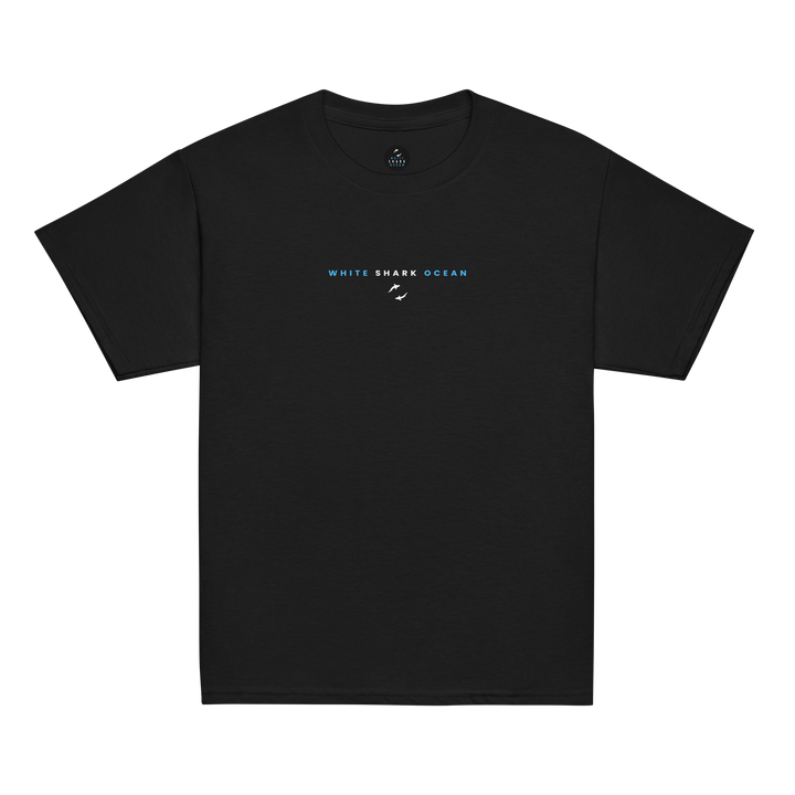 Black t-shirt with 'White Shark Ocean' logo on a white background