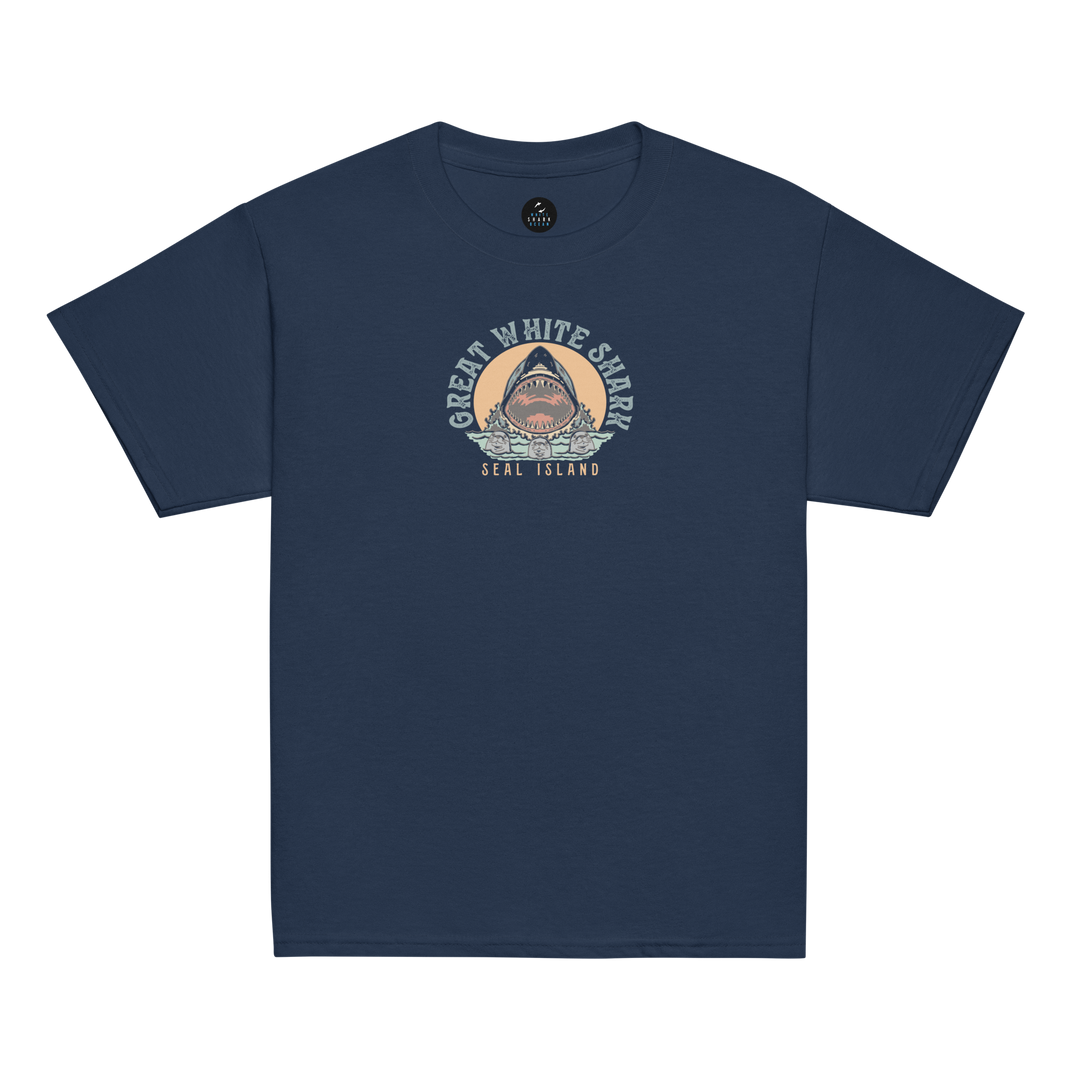 Kids T-Shirt: Great White Shark Seal Island Monoline Design