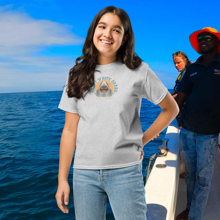 Kids T-Shirt: Great White Shark Seal Island Monoline Design | White Shark Ocean | Great White Shark