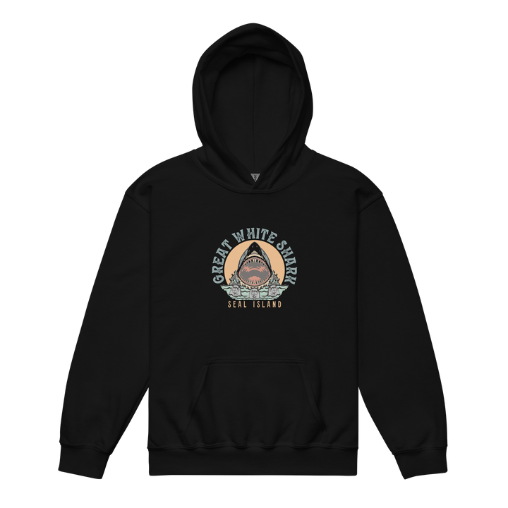 Kids Hoodie: Great White Shark Seal Island Monoline Design