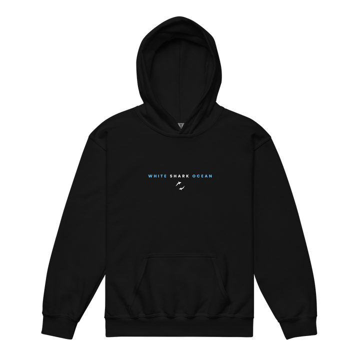 Black hoodie with 'White Shark Ocean' logo on a white background