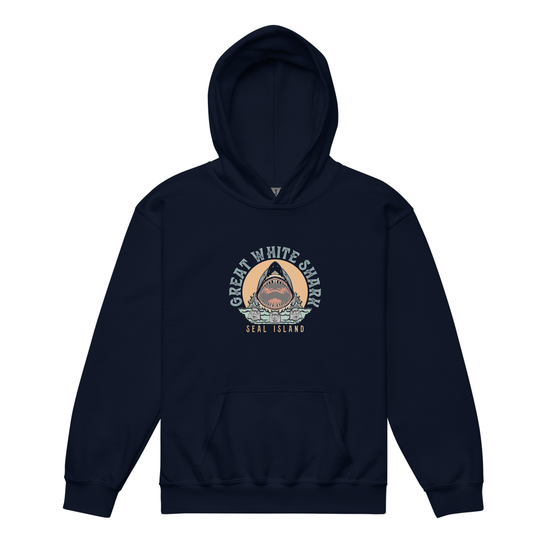 Kids Hoodie: Great White Shark Seal Island Monoline Design