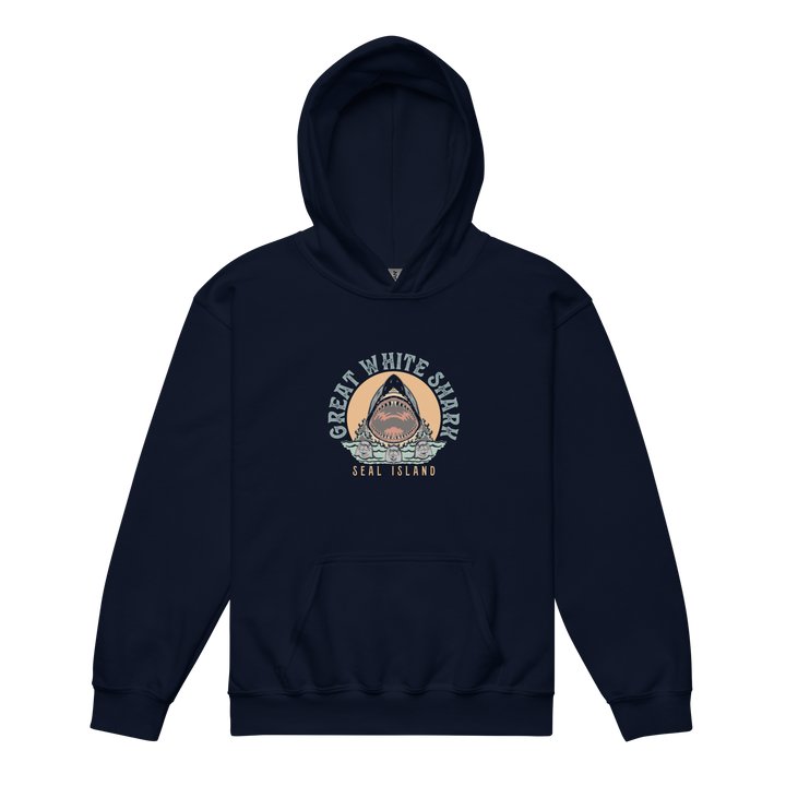 Kids Hoodie: Great White Shark Seal Island Monoline Design