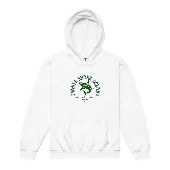 White hoodie with green shark graphic and text on a white background