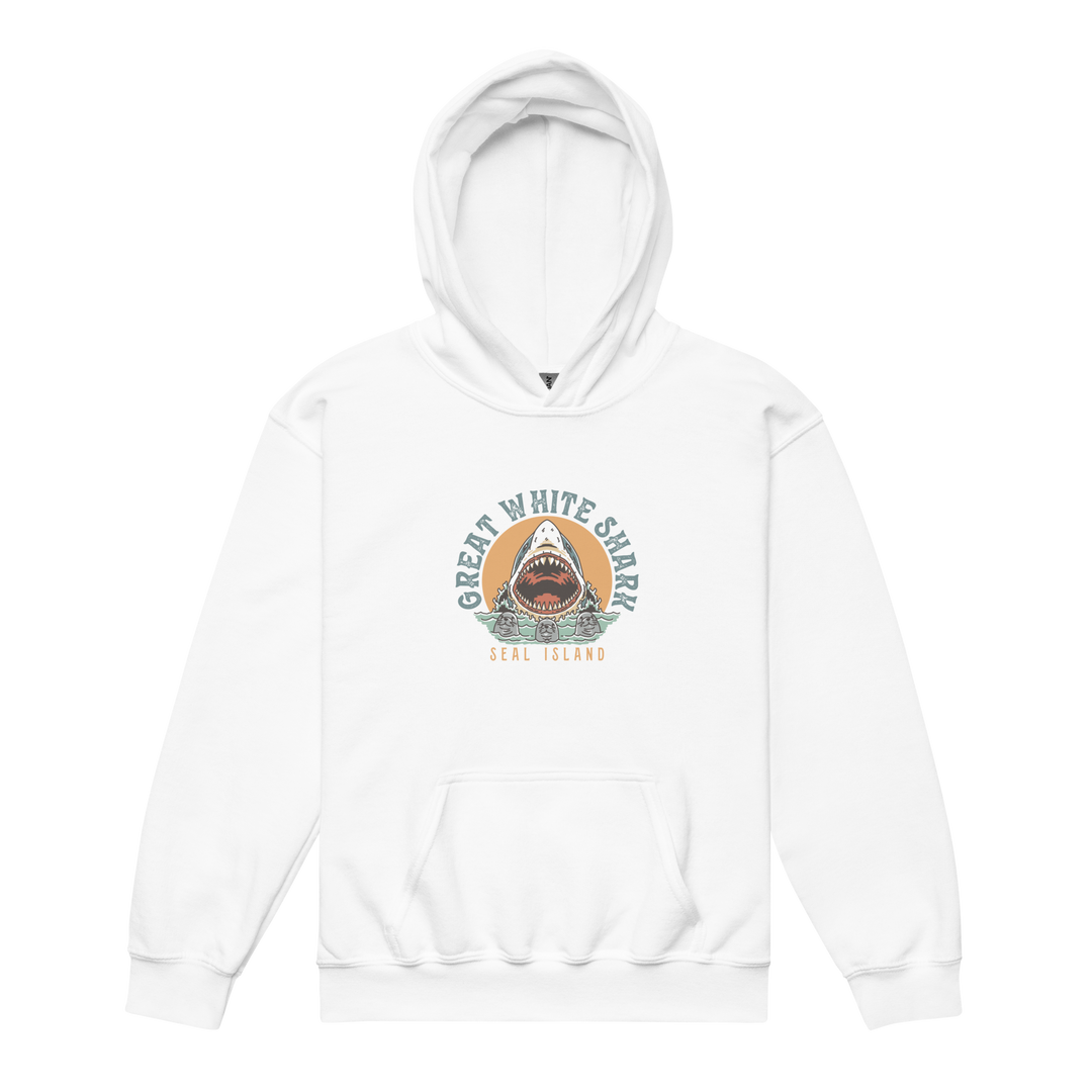 Kids Hoodie: Great White Shark Seal Island Monoline Design