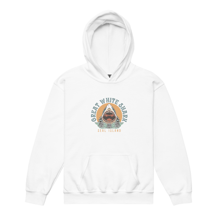 Kids Hoodie: Great White Shark Seal Island Monoline Design